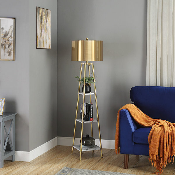 Everly Quinn Floor Lamp, Standing Reading Light With Shelves And Gold